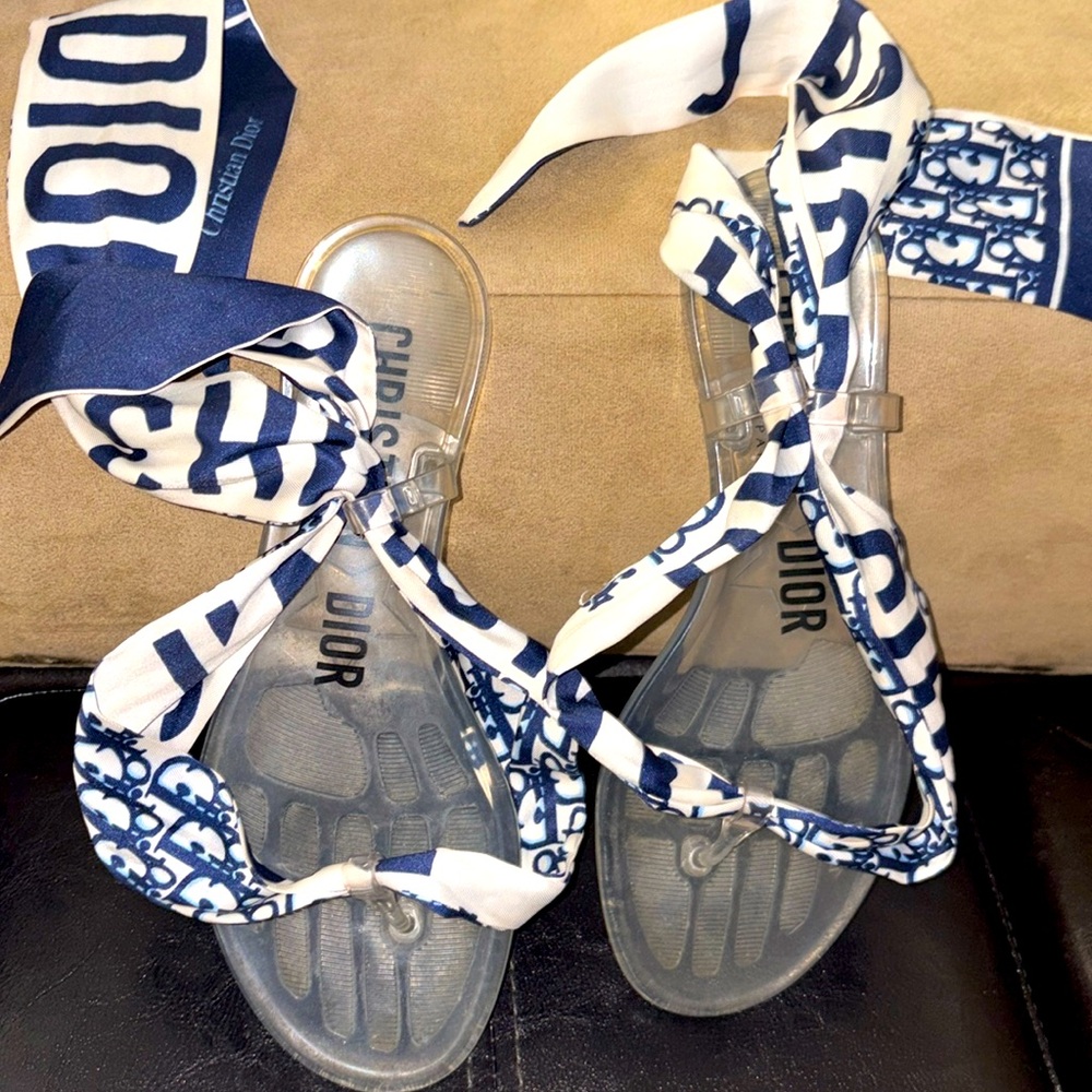 Dior Blue Oblique Silk Scraf Thong Sandals